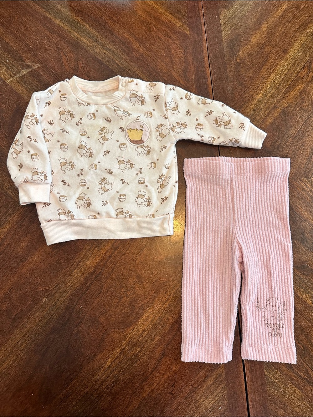 Disney Baby Pink Ribbed Knit Pants with Pooh Print